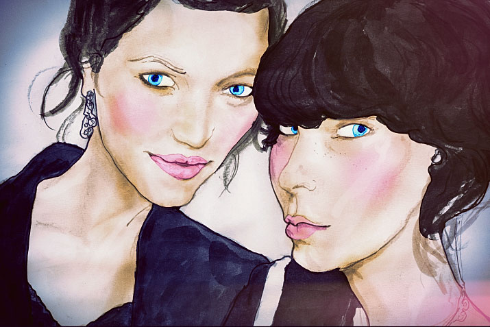 painting portrait of Julia Knolle and Jessica Weiss of german blog Les mads by artist danny roberts