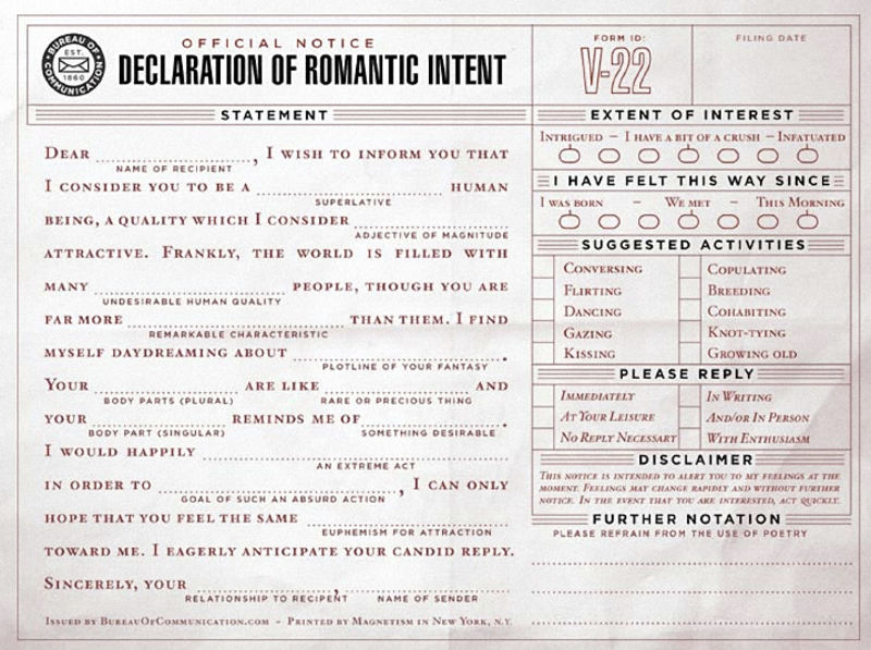 Declaration of Romantic Intent Form for Valentines day