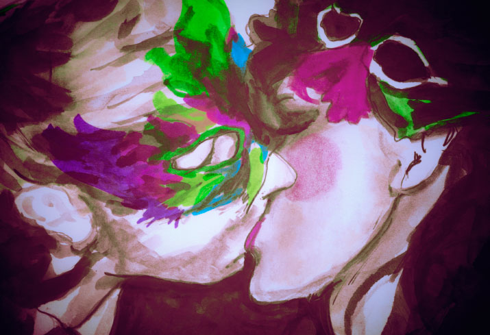 Danny Roberts Painting of a couple Kissing wearing bright colorful masks in a photo