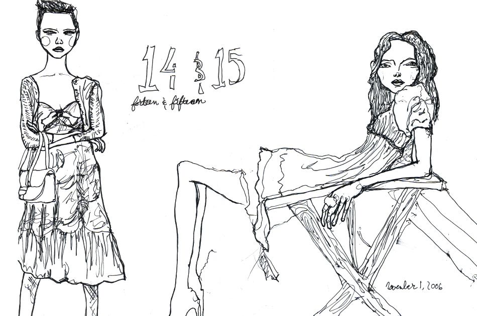 14th and 15th black and white line drawing out of volume 1 of the character sketch book called the lily cole and gemma ward sketchbook by artist Danny Roberts