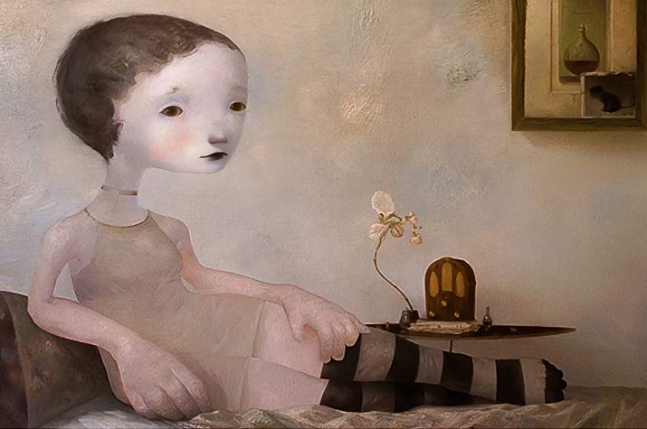Inspirational Painting of a girl laying on a bed pinks by Artist Joe Sorren