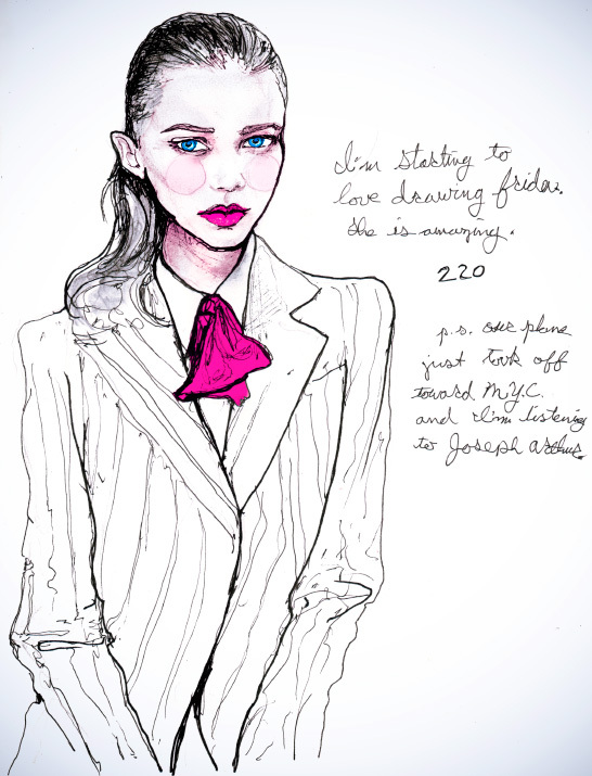 Fashion Art by Danny Roberts of Img Fashion Model Frida Gustavsson with red lips and in a suit