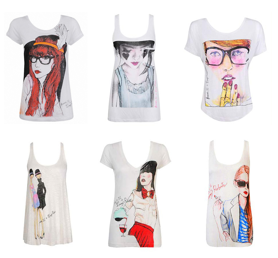 Danny Roberts Portrait of Swedish Style blogger carolina engman Fashion Squad on a Tanktop, two long necked models wearing matching black hats printed, Agathe Bjørnsdatter Molvik of styleBytes, Geri Hirsch of the la Blog Because i'm addicted on a tank top, Louis Ebel of the Blog Miss Pandora on white t shirt for Forever21 Collaboration