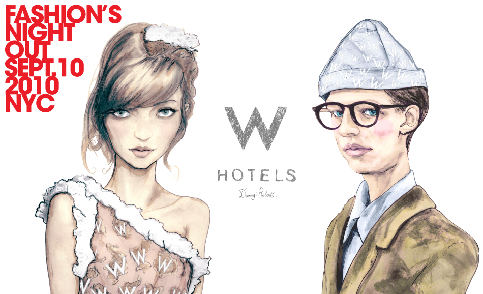 W hotels FNO Invite Igor and andre Fashion Artist Danny Roberts Fashion Week and Fashion Night Out invite Collaboration with Starwood Hotels W Hotel
