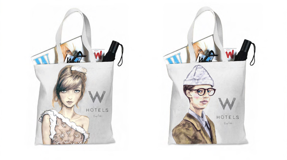 W hotels Limited edition Signature bags Igor and andre Fashion Artist Danny Roberts Fashion Week and Fashion Night Out Limited edition Signature Guy and Girl Tote Bags Collaboration with Starwood Hotels W Hotel