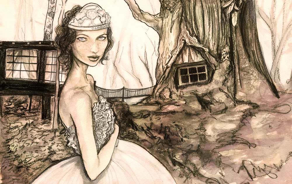 josette runaway forest Artist Danny Roberts waist up Study Sketched painting of A girl Josette wearing a strapless dress and a crown in the the Runaway Forest for Igor and andre storybook series