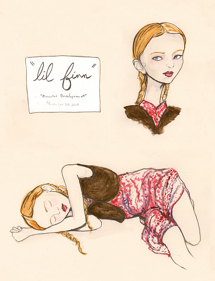 Character Development Sketch of Lil Finn a Simple Character model development water color and pencil sketch by artist Danny Roberts of Igor and andre girl lil Finn