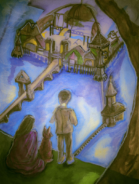 The City on the Water concept sketch Danny Roberts igor and andre story development sketch painting of a boy and a girl and fox looking out at a dock city