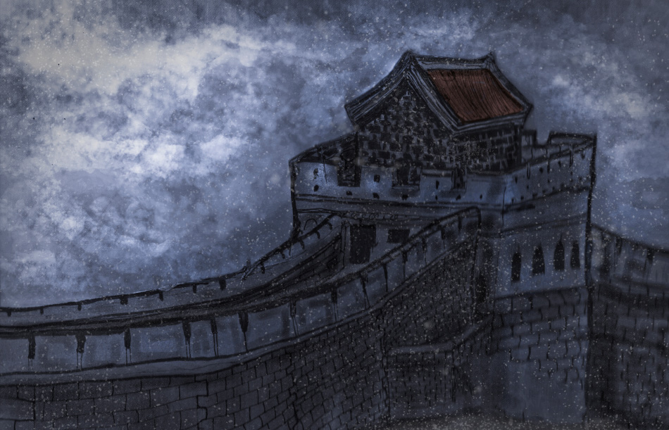 Great Wall of China Artist Danny Roberts layered art painting of a snow great wall of china from his first window display