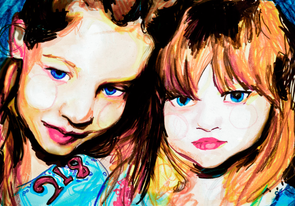 Sophie Ward and Gemma Ward Character Sketchbook 218 Artist Danny Roberts Drawing of Sophie Ward and Gemma Ward sisters as little kids age 5 and 7