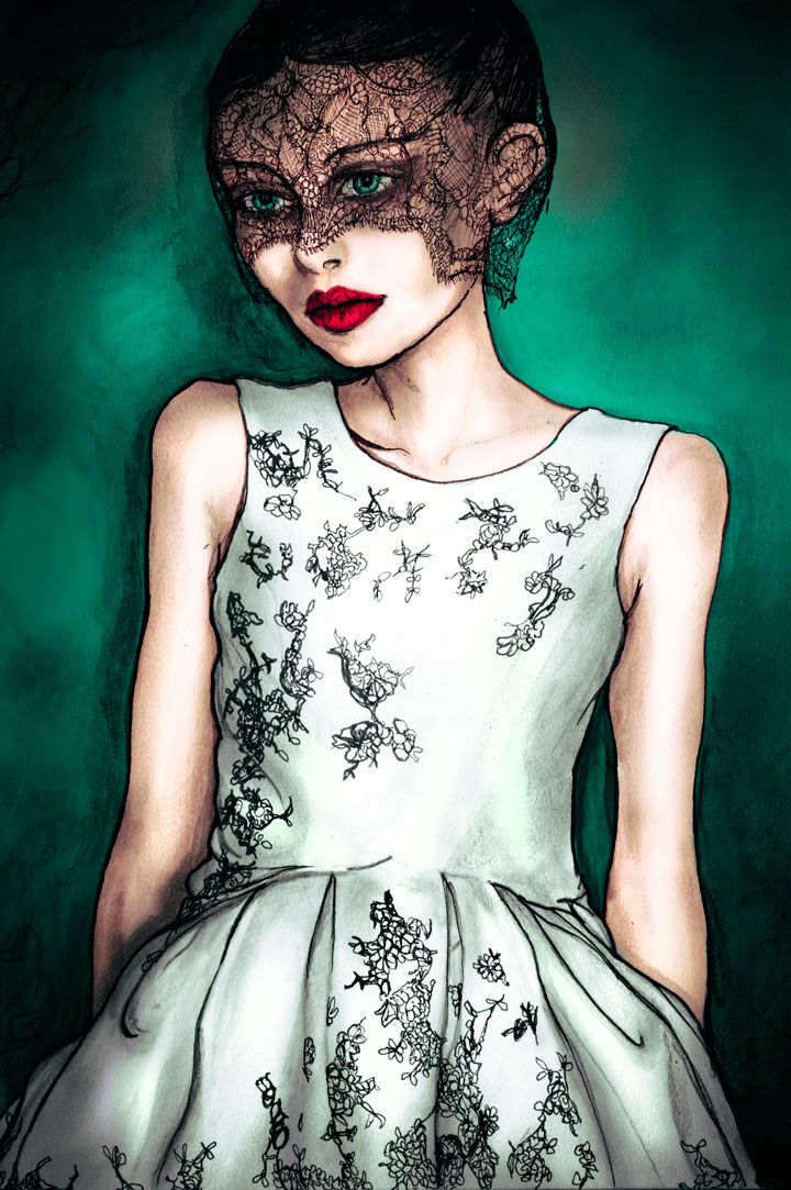 Jason Wu Fall 2011 Artist Danny Roberts Painting of a girl with a black veil wearing Jason wu