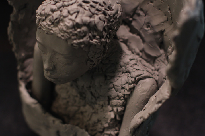 McQueen Sculpture top view Photo angle of Artist Danny Roberts sculpture of Lee Alexander McQueen winter fall 2009
