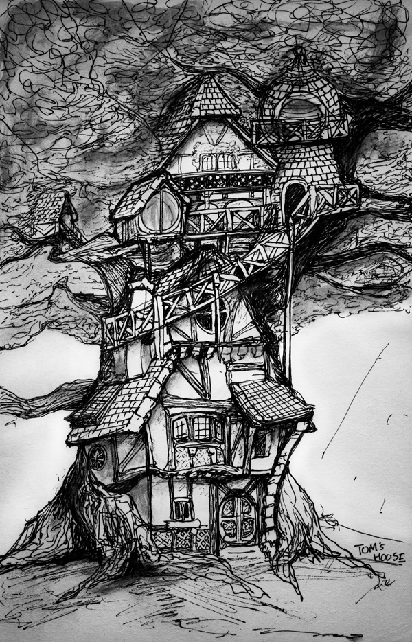 Toms House A black and white sketch by Artist Danny Roberts of a bavarian Cottage Tree House for his Children's Story book