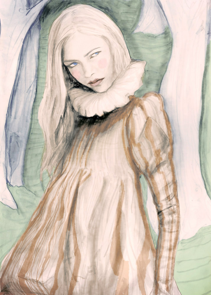 Dress is from Alexander Mcqueen Fall 2006 Artist Danny Roberts Painting of a girl in the Forest Wearing a dress Alexander Mcqueen fall 2006