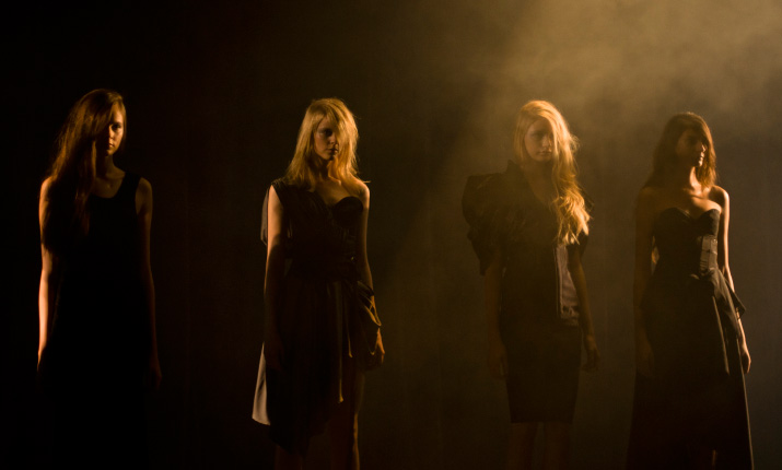 The Models in the Mist Four Models Standing in Misty Runway fog on the catwalk of A Degree Fahrenheit Spring 2012 Collection in Tokyo Fashion Week
