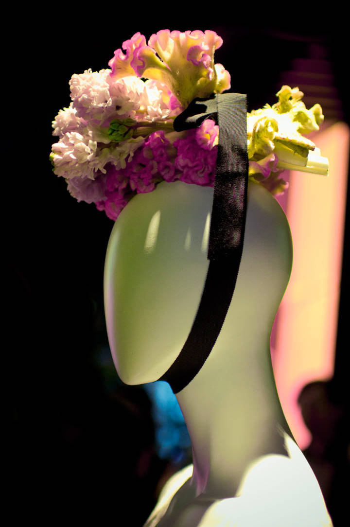 ambellflowersfashionwee Photograph by Fashion Photographer Danny Roberts of a manikin wearing a floral print blouse and pants during the Ambell Spring 2012 Presentation during Tokyo Fashion Week