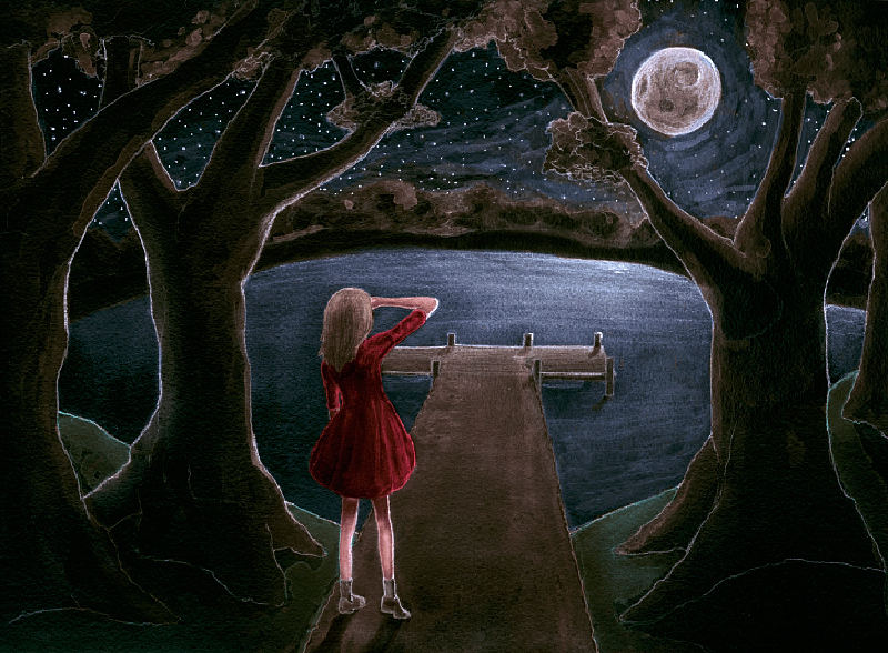 Rachels Antonoff fall 2012 Fashion Artist Danny Roberts Painting of a girls back looking out a moonlit lake and a dock