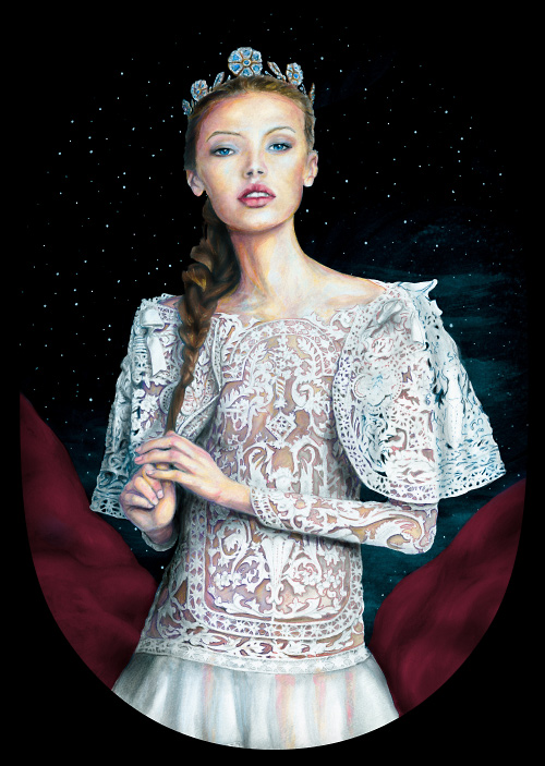 marchesa fall 2012 Artist Danny Roberts painting of Img swedish model Mona Johannesson Dressed like princess Josette in an detailed ornate lace dress from Machesa Fall 2012