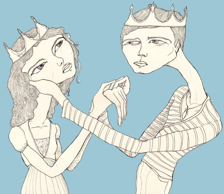the lankey lovers Artist Danny Roberts illustration of a couple in love with big head holding hands