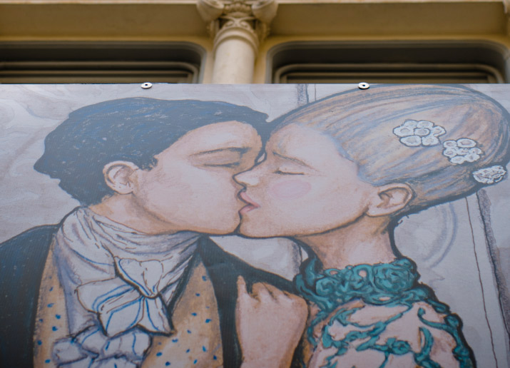 Love in Tiffany Blue Fashion Artist & Photographer Danny Roberts photo of his mural for Tiffany and company in Soho of a couple in love kissing each other.