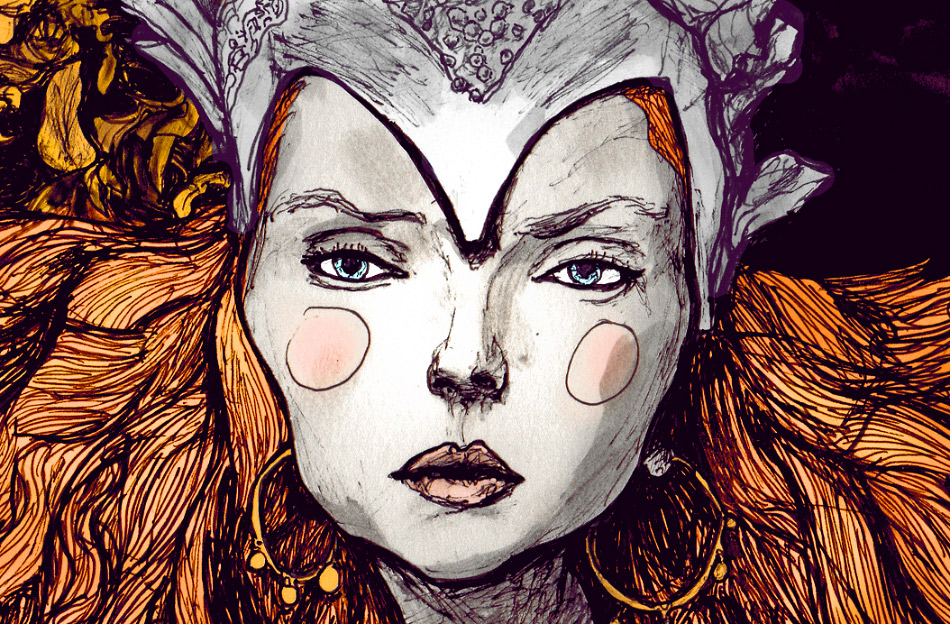 Artist Danny Roberts Drawing of Lily Cole as a Queen, she has orange red hair, blue eyes