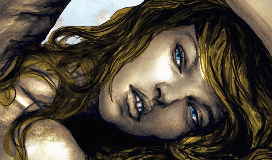 Danny Roberts painting of a Blue eyed girl Laying on here side