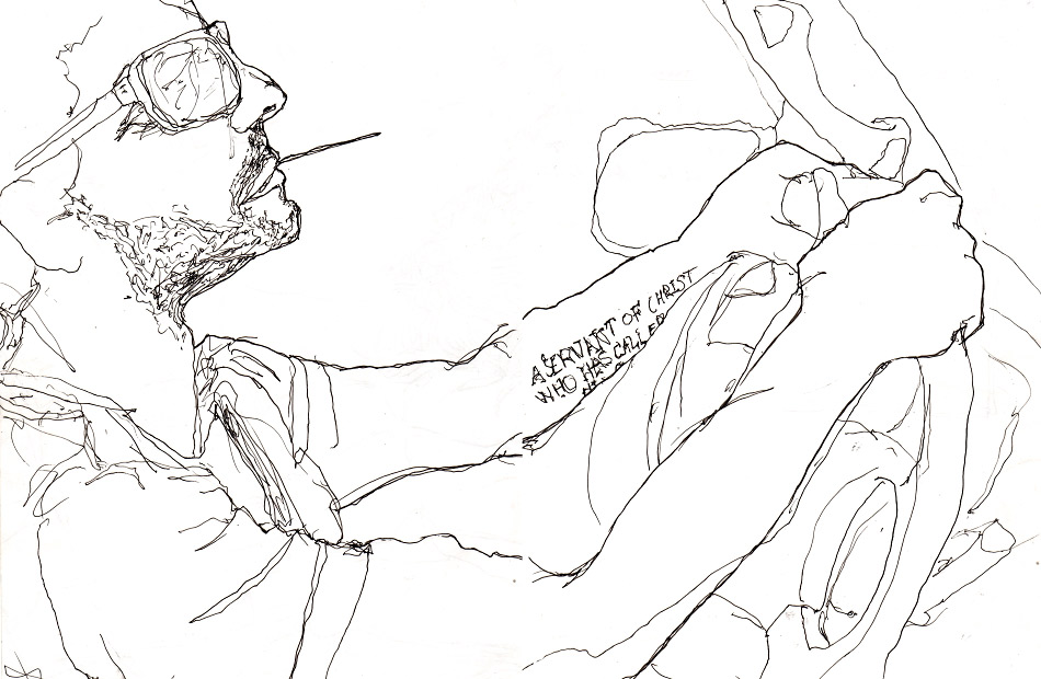 Danny Rpberts line drawing of musician ryan baxley dricing a car with a tattoo