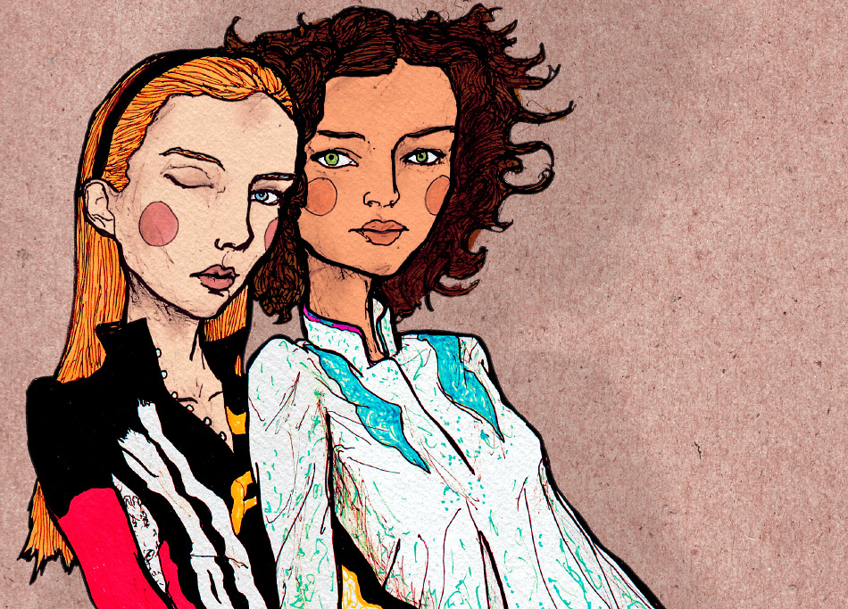 Close up of a Drawing of To Stylish Girls Wearing Printed Dresses and leaning on each other. This Fashion Illustration is from the lookbook Danny Roberts Made for AAUs show at New York Fashion Week