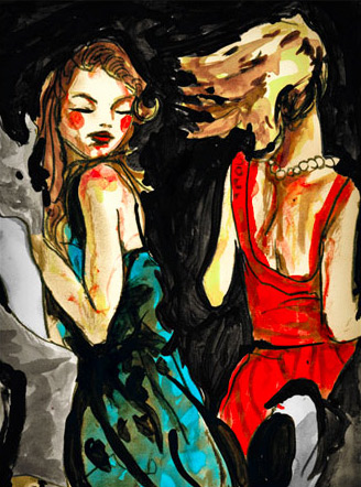 Ia quick Sketch by Danny Roberts of Two Girls Dancing, the colors are red and blue
