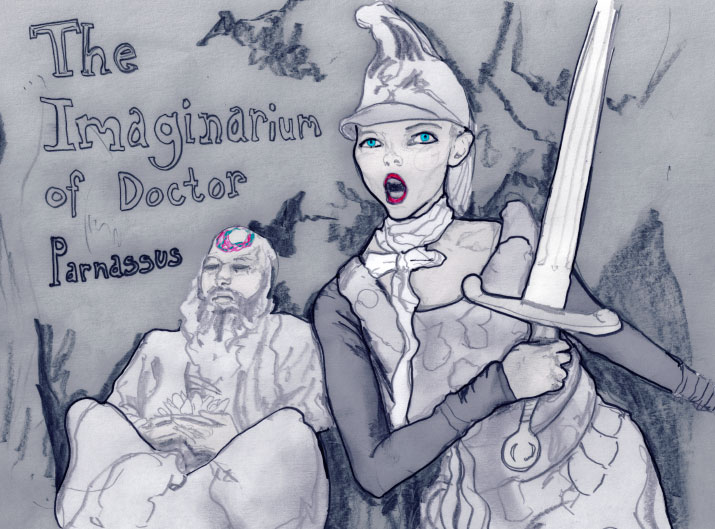 Danny Roberts drawing of Lily Cole holding a sword and Christopher Plummer in The Imaginarium of Doctor Parnassus