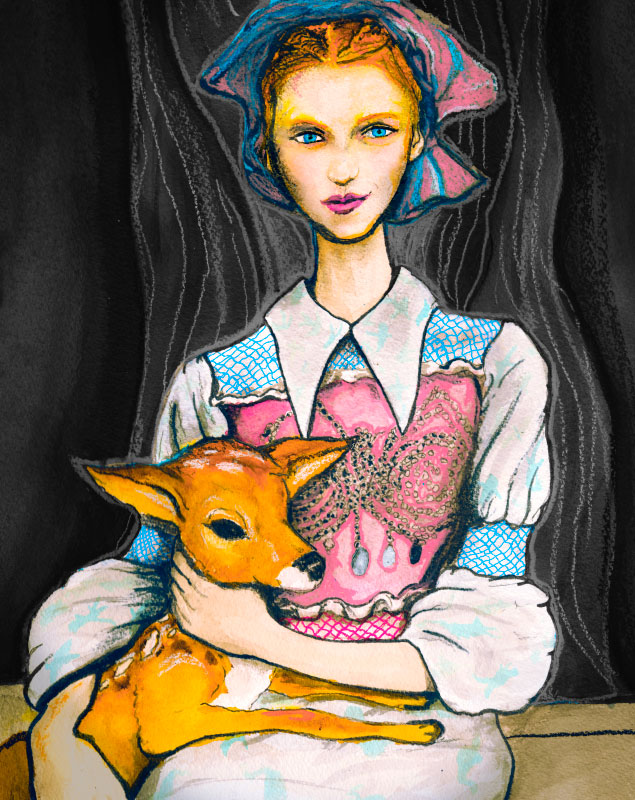Multi-Artist Danny Roberts paints Julia Frakes holding a dear in a mui mui collection for the Woodstock Animal Sanctuary