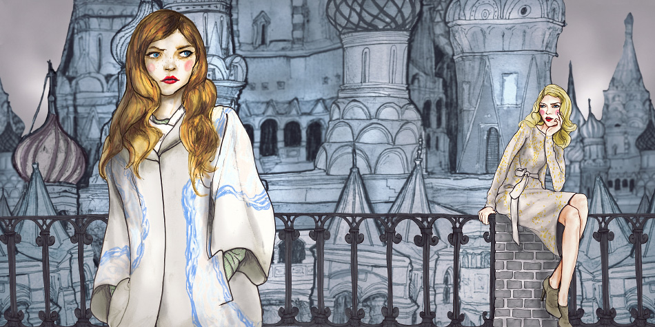 Danny Roberts Painting for editorial setting is st basils cathedral Russia, with 2 girls standing on a bridge