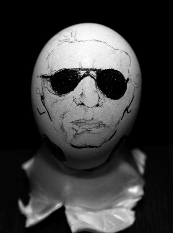 Karl Eggerfeld Black And White A black and white photo of karl lagerfeld drawn onto a eggs by artist danny roberts