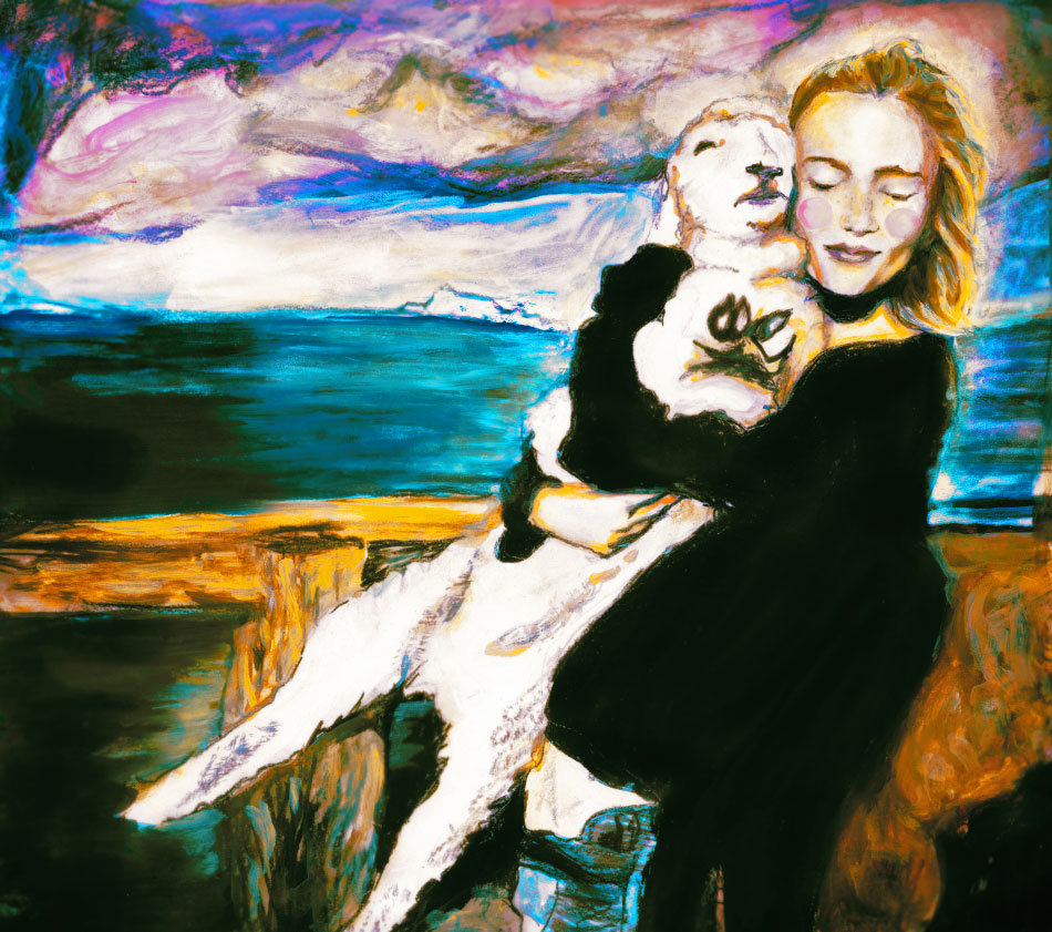 Emily Baker and the Lamb Colorful painting of DNA fashion Model Emily Baker holding a lamb in New Zealand by the sea