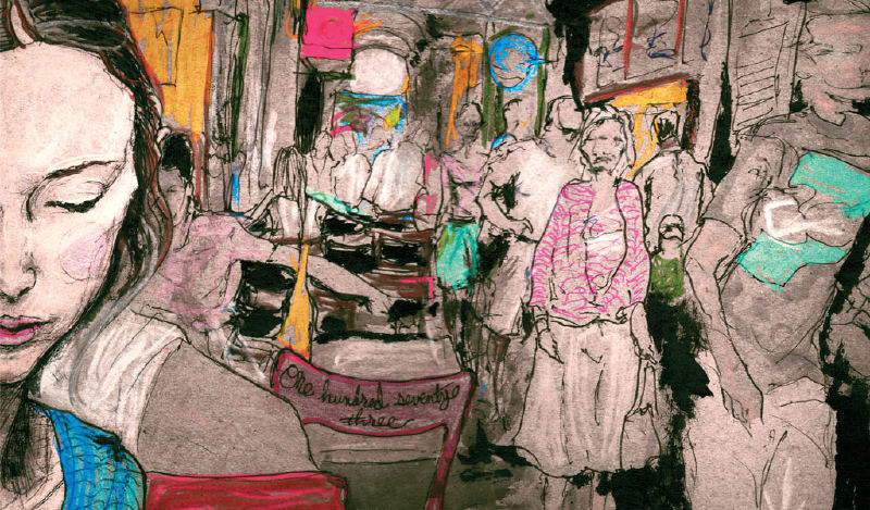 Sophie Ward in a cafe character sketchbook 173
