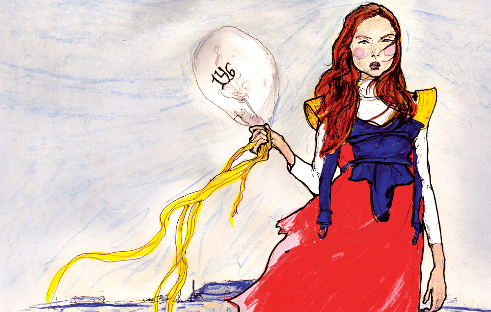 Danny Roberts Art of red head Lily Cole Holding a Ballon in her hand