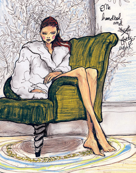A Drawing of Lily Cole sitting in a chair Painted By artist Danny Roberts