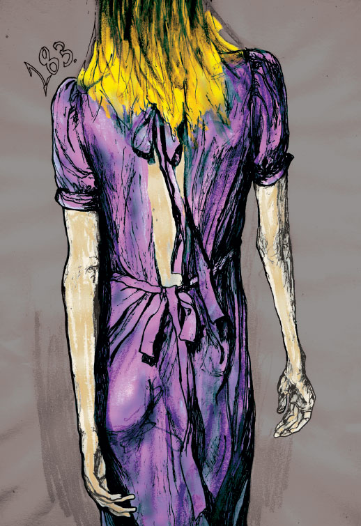 Drawing of Gemma Ward with her Back turned walking down the runway by Artist Danny Roberts