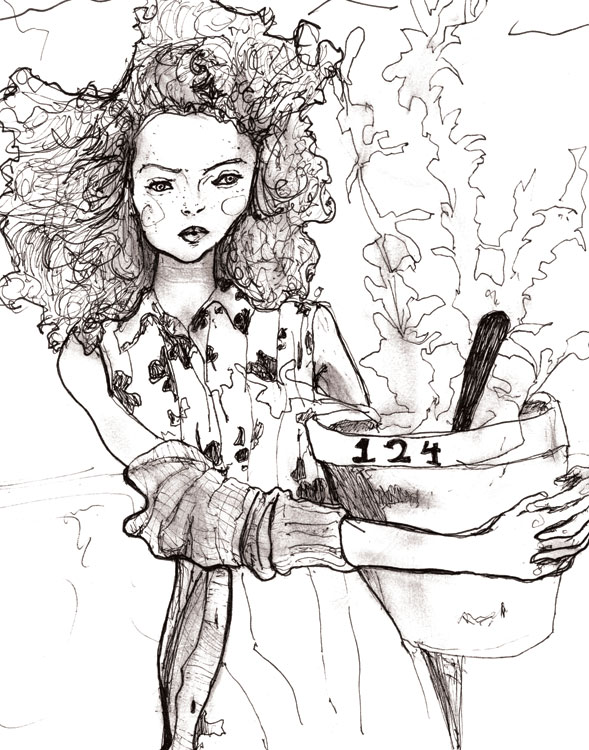 fashion Sketch of model lily Cole by Artist danny roberts